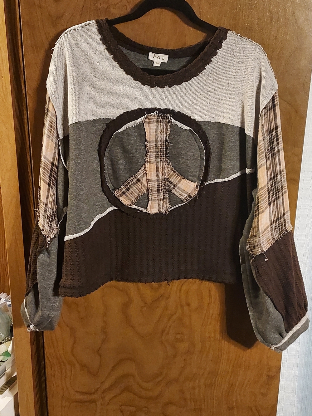 POL Patchwork Peace Sign Sweatshirt